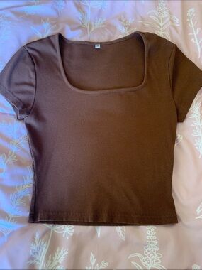 Square Neck Ribbed Crop Top in Chocolate Brown